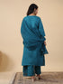 Teal Blue Cotton Blend Yoke Embroidery Straight Kurta Set